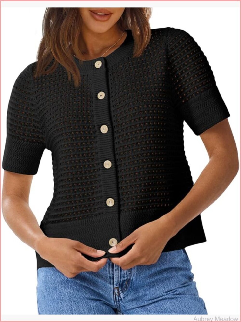 Crochet Short Sleeve Cardigan Button Up Crew Neck Knit Sweater Top